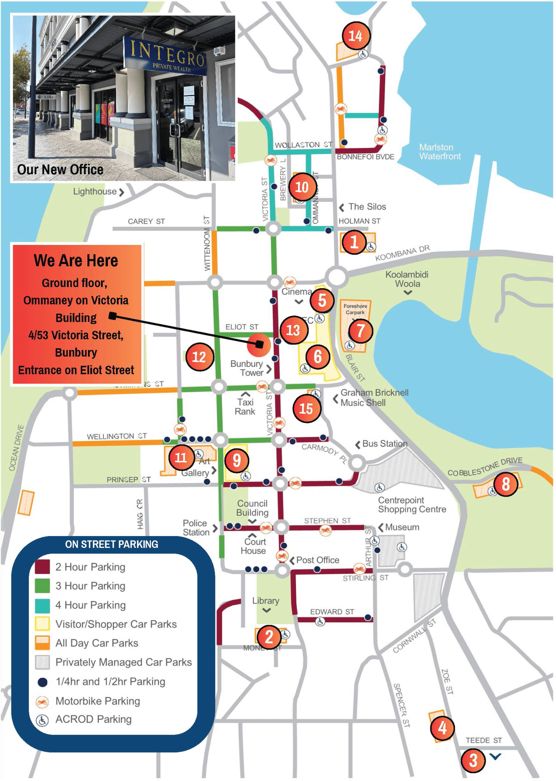 Map of parking options near the Bunbury office